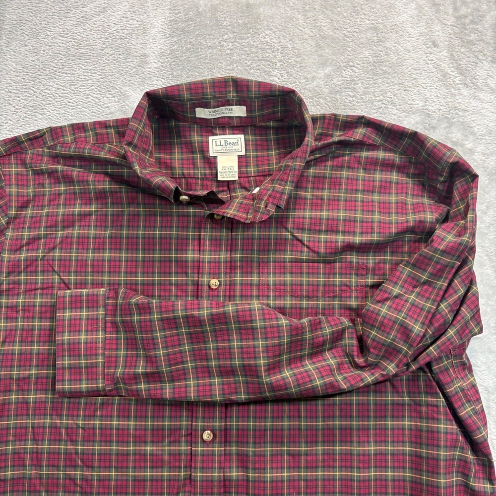 LL Bean Plaid Button Down Mens XXL Tall Red Green Wrinkle Free Traditional Fit